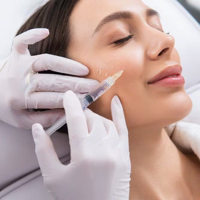 Photograph of a model: a gloved injector places dermal filler in a smiling patient's cheek
