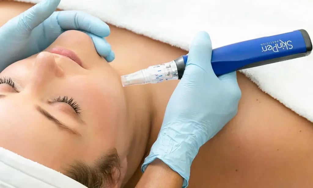 Photograph of a model: a gloved hand guides a SkinPen microneedling pen along a patient's cheek