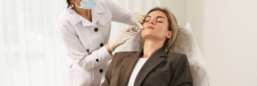 Photograph of a model: a provider in a white coat and mask gives an injection to a seated woman's face